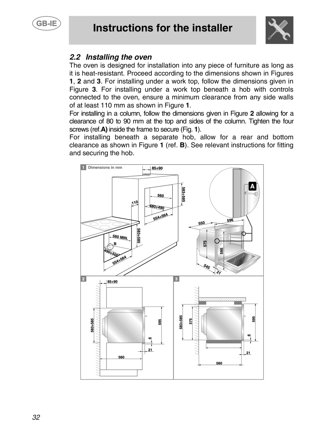 Smeg S108X-5 manual Installing the oven, Instructions for the installer 