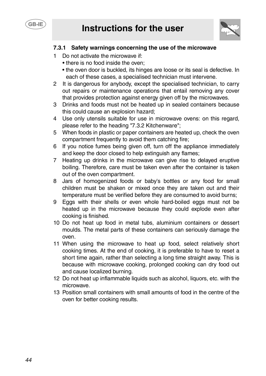 Smeg S200/1, S200EB/1 manual Safety warnings concerning the use of the microwave 