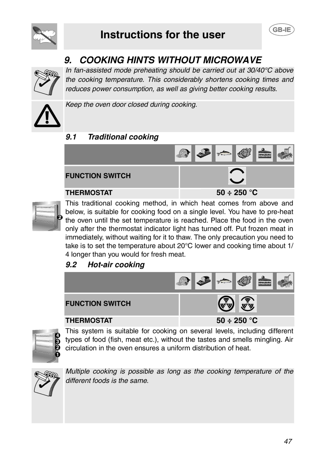 Smeg S200EB/1, S200/1 manual Cooking Hints Without Microwave, Traditional cooking, Hot-air cooking 