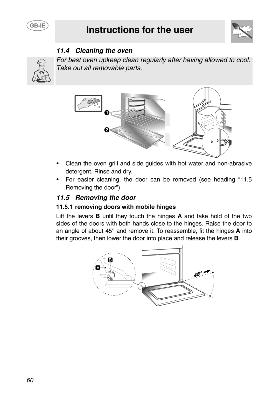 Smeg S200/1, S200EB/1 manual Cleaning the oven, Removing the door, Removing doors with mobile hinges 