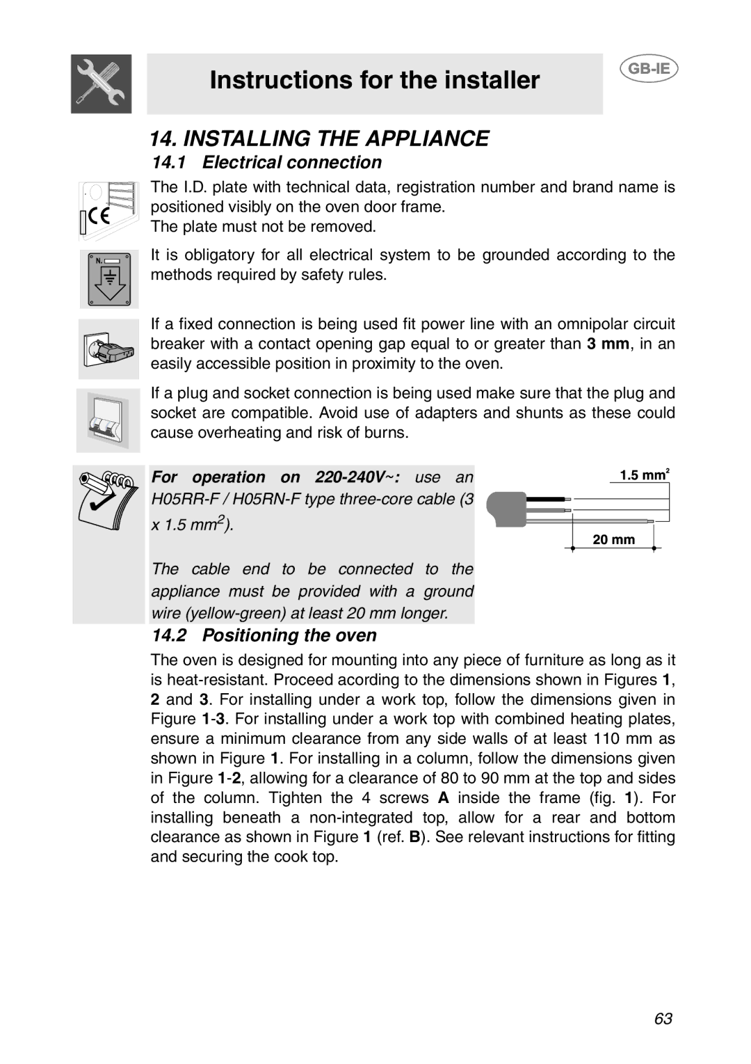 Smeg S200EB/1 manual Instructions for the installer, Installing the Appliance, Electrical connection, Positioning the oven 