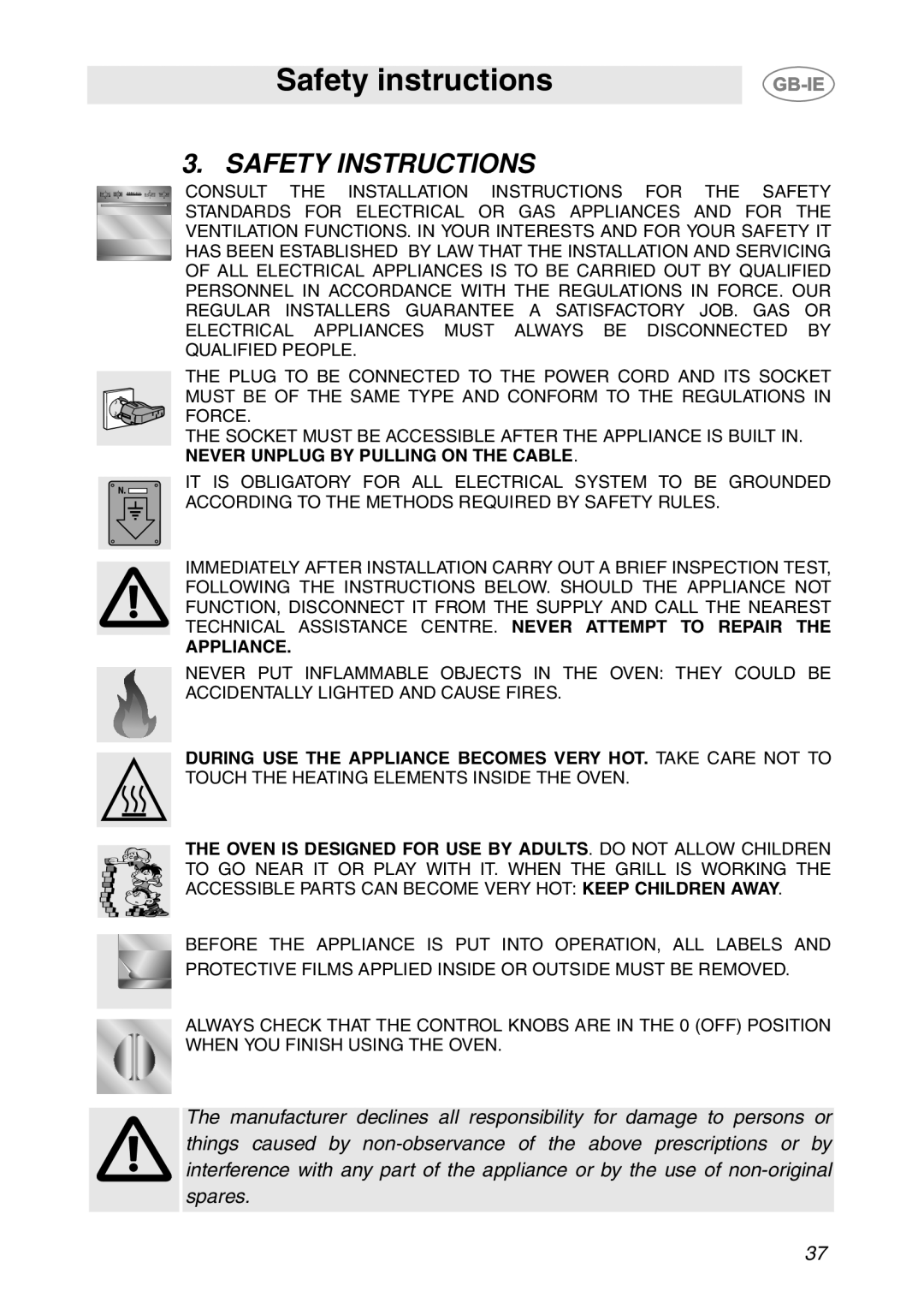 Smeg S200EB/1, S200/1 manual Safety instructions, Safety Instructions 