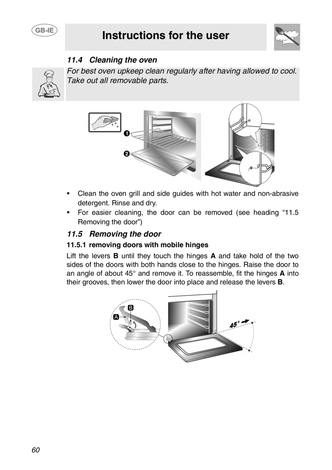Smeg S200/1, S200EB/1 Cleaning the oven, Removing the door, Instructions for the user, removing doors with mobile hinges 