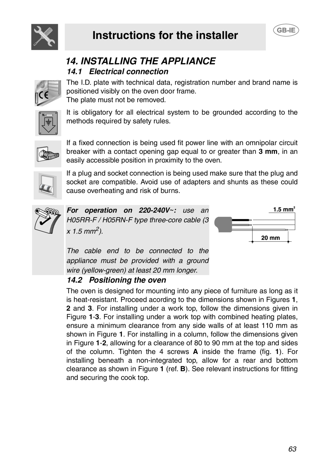 Smeg S200EB/1 Instructions for the installer, Installing The Appliance, 14.1Electrical connection, Positioning the oven 