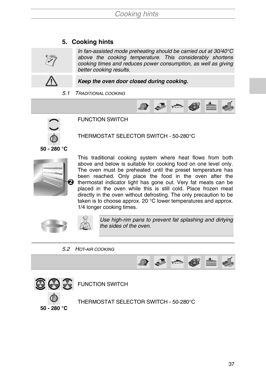 Smeg S2010MFP1, S2010MF-5, S2010MF1, S2010MFX1, S2010MFB1 Cooking hints, Function Switch Thermostat Selector Switch 50-280C 