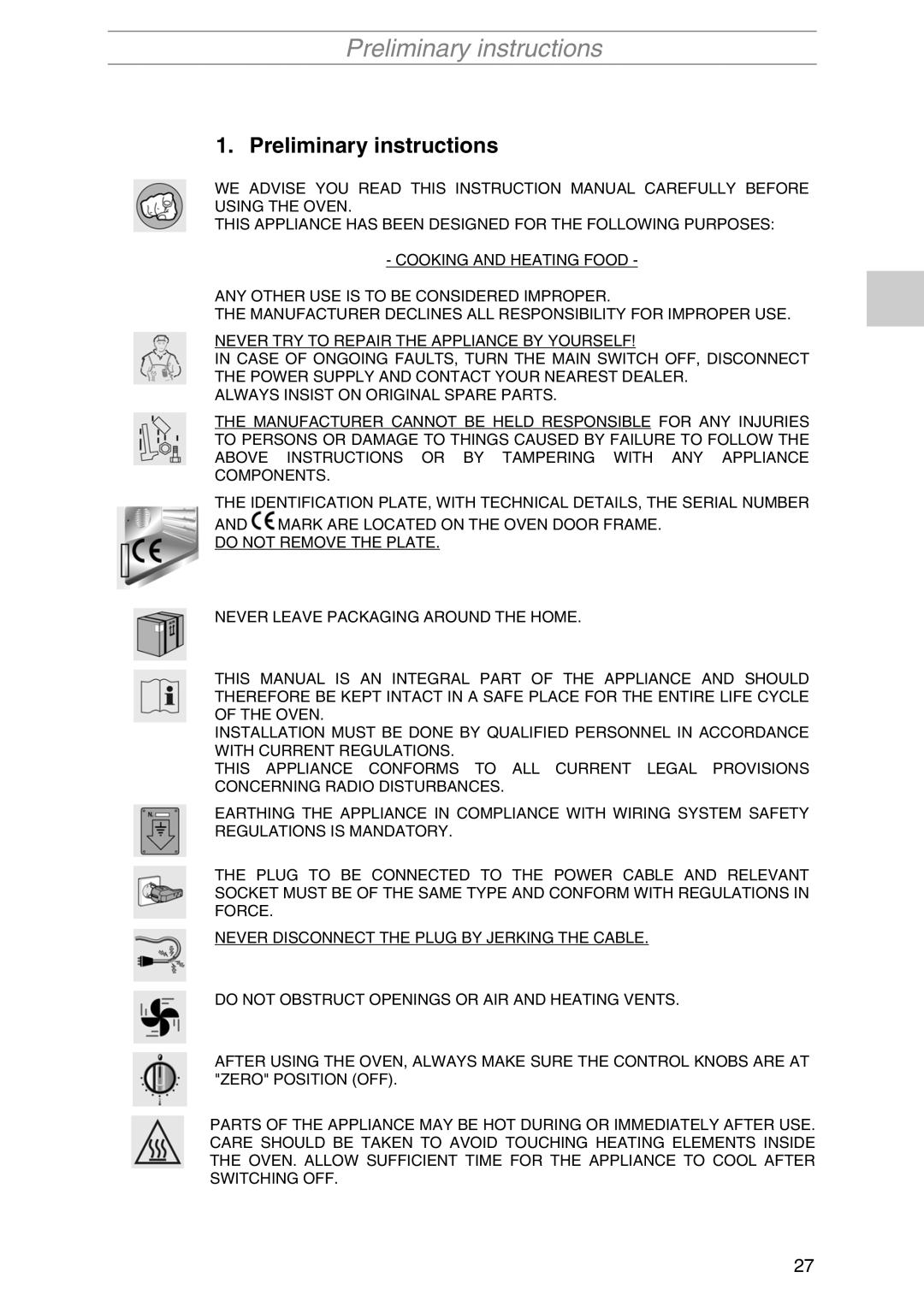 Smeg S2010MFB1, S2010MF-5, S2010MF1, S2010MFX1, S2010MAZ1, S2010MFP1, S2010MFB5, S2010MFP5 manual Preliminary instructions 