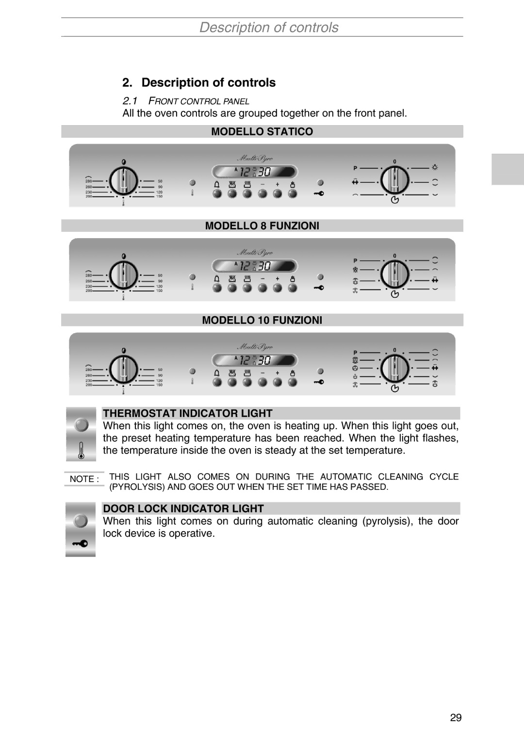 Smeg S2010MFP1, S2010MF-5, S2010MF1, S2010MFX1, S2010MFB1, S2010MAZ1 manual Description of controls, Door Lock Indicator Light 