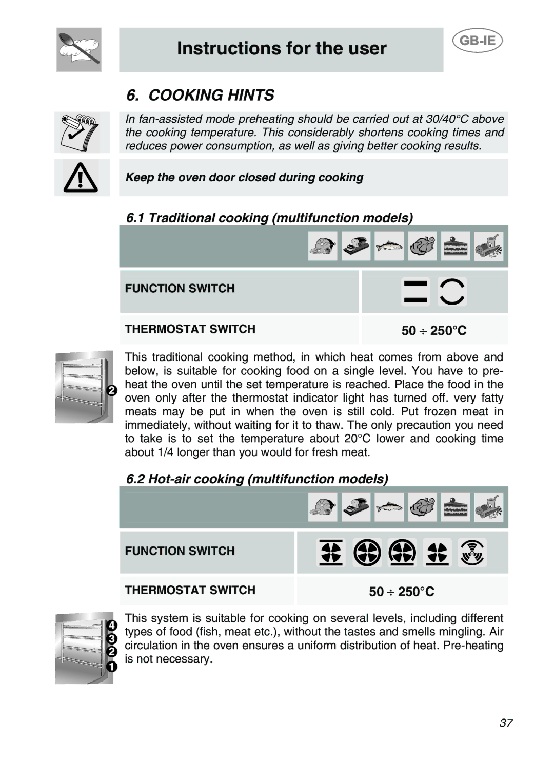 Smeg S20XMF.1, S20XMF-7 manual Cooking Hints, Traditional cooking multifunction models, Hot-air cooking multifunction models 