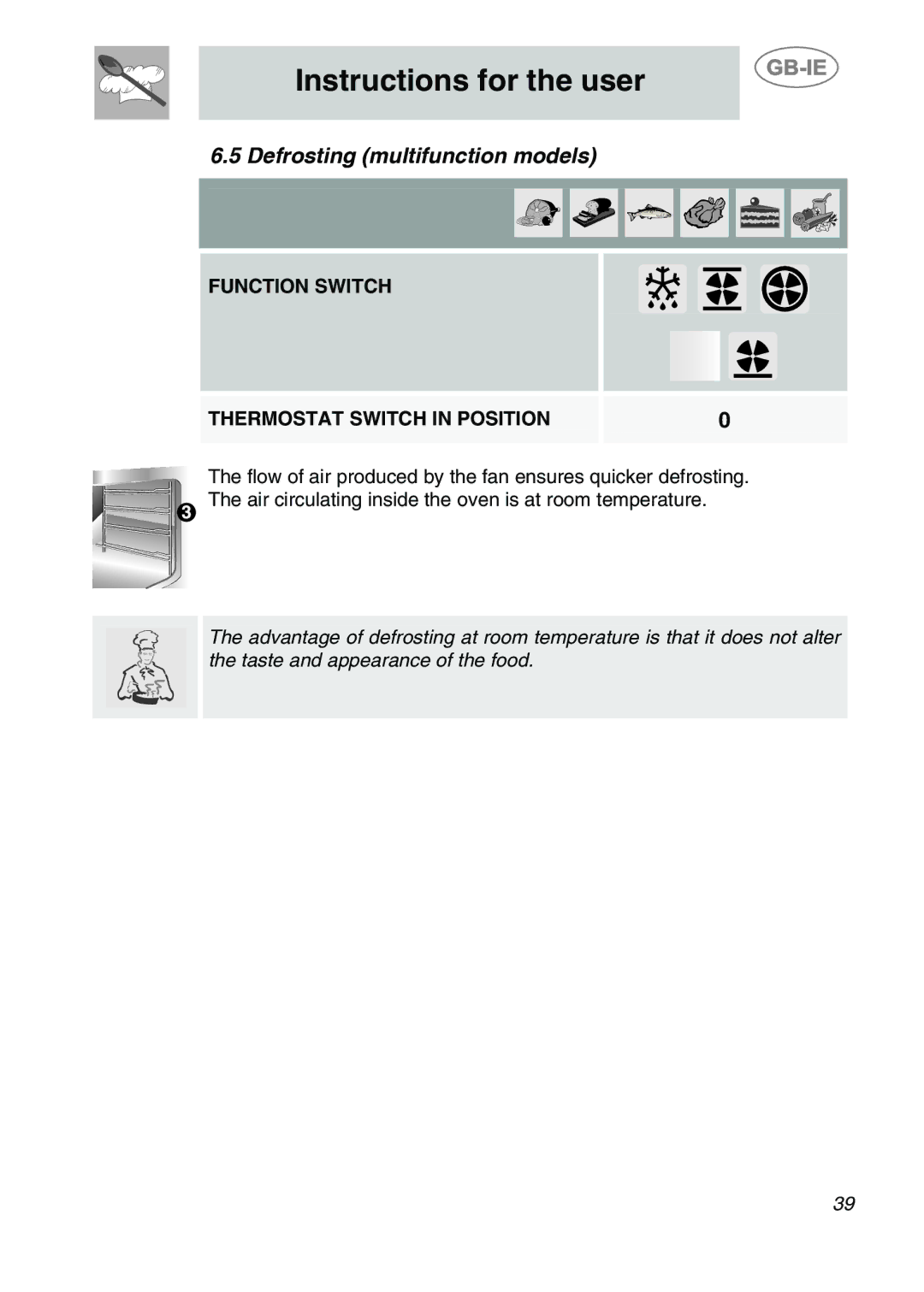 Smeg S20XMF-5, S20XMF.1, S20XMF-7 manual Defrosting multifunction models, Function Switch Thermostat Switch in Position 