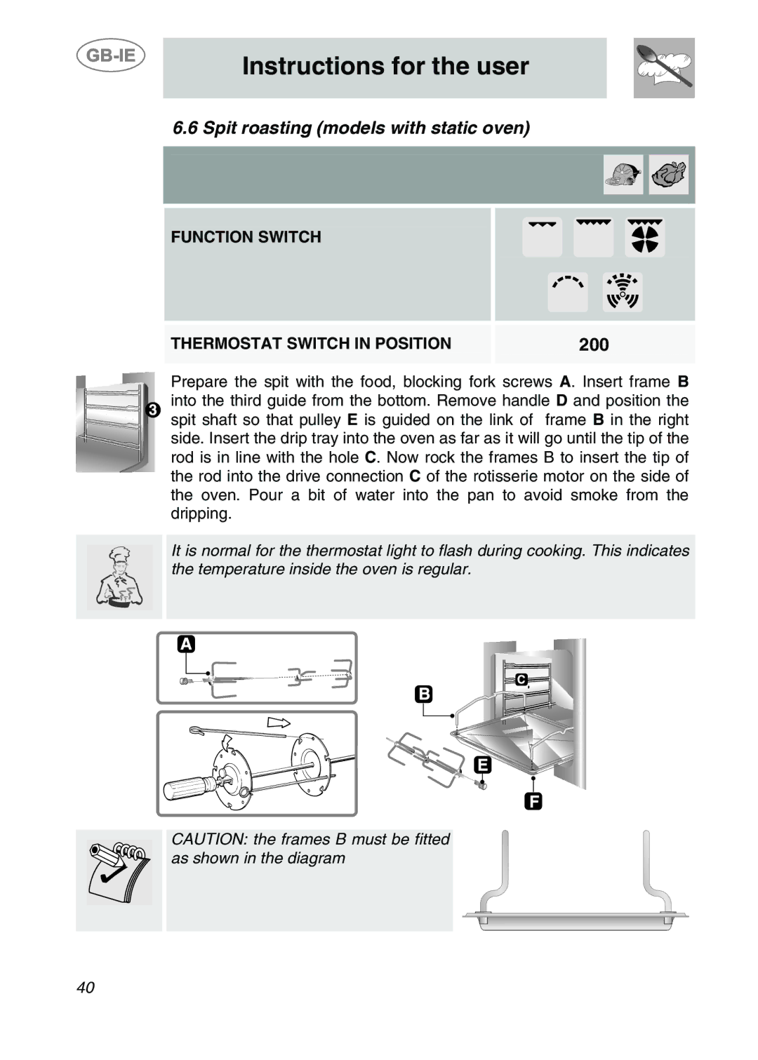 Smeg S20XMF.1, S20XMF-7, S20XMF-5 manual Spit roasting models with static oven, 200 