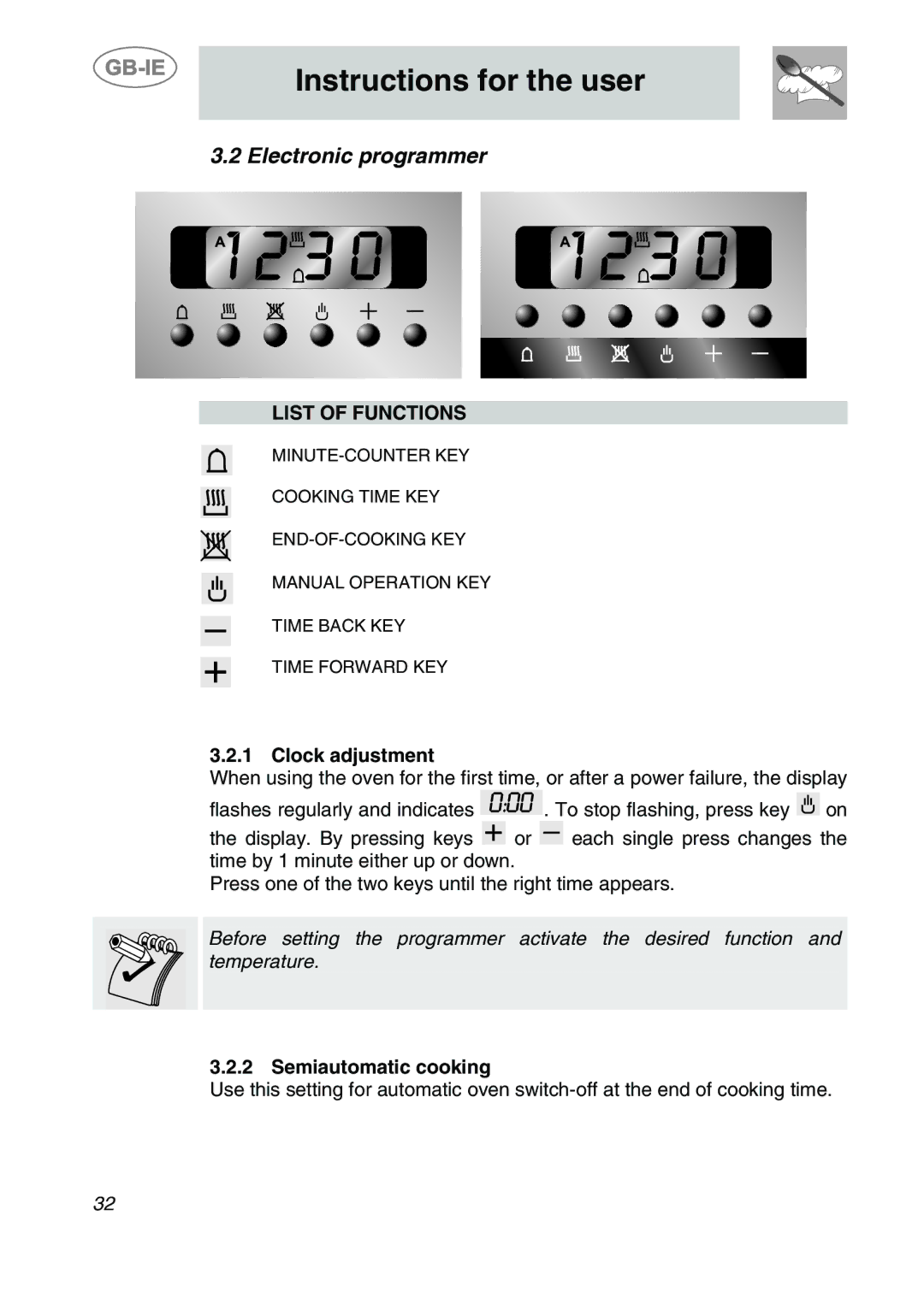 Smeg S20XMF.1, S20XMF-7, S20XMF-5 manual Electronic programmer, List of Functions, Clock adjustment, Semiautomatic cooking 