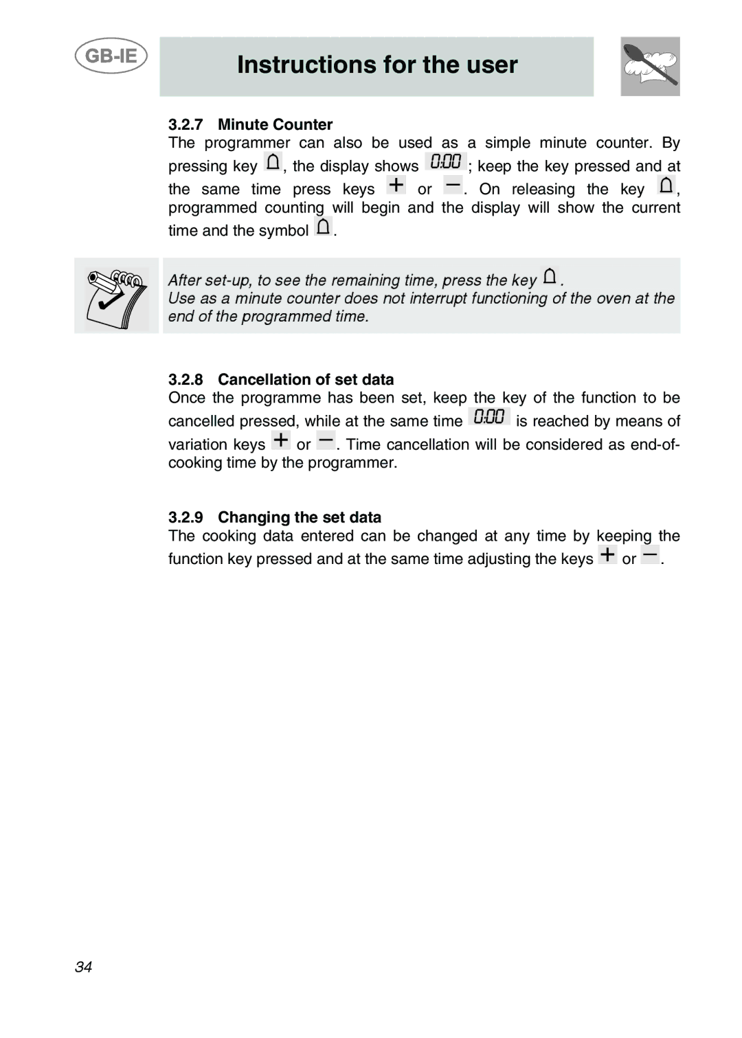 Smeg S20XMFR manual Minute Counter, Cancellation of set data, Changing the set data 