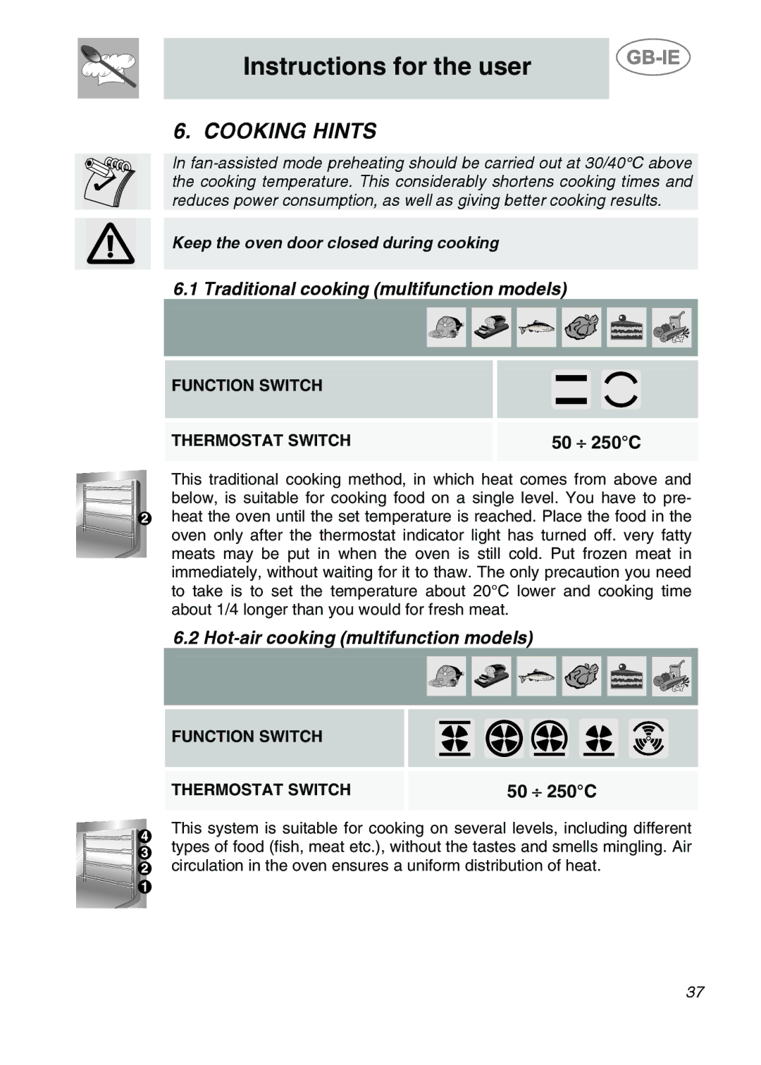 Smeg S20XMFR manual Cooking Hints, Traditional cooking multifunction models, Hot-air cooking multifunction models 