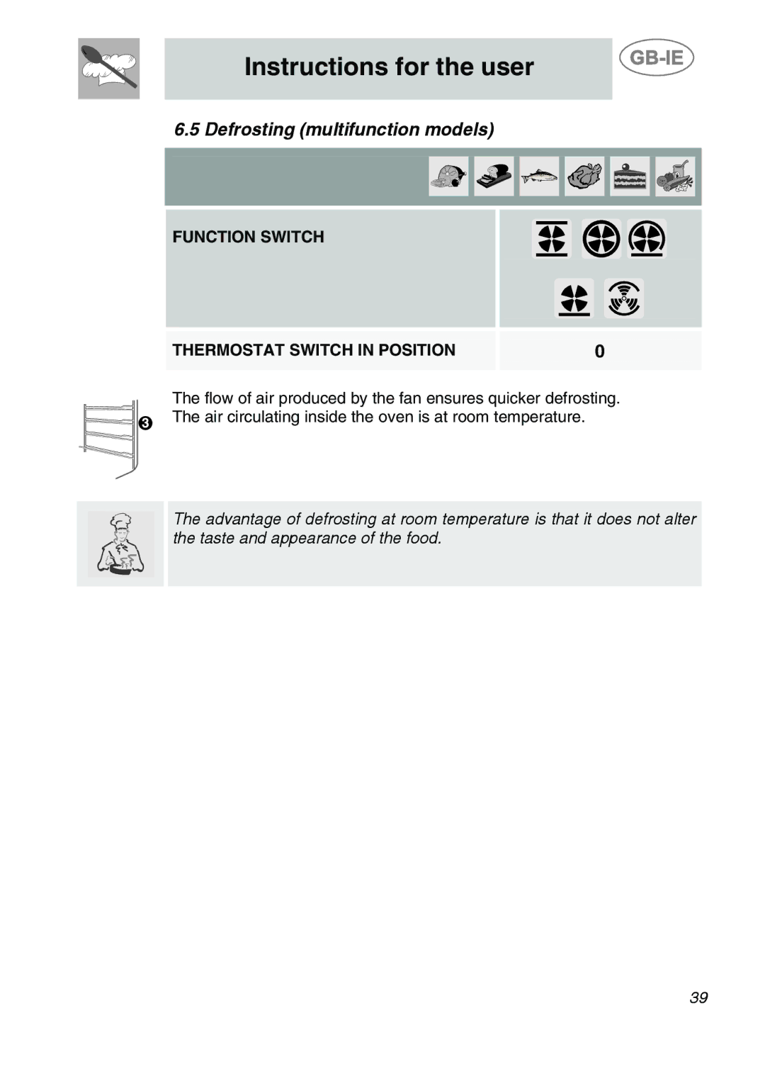 Smeg S20XMFR manual Defrosting multifunction models, Function Switch Thermostat Switch in Position 