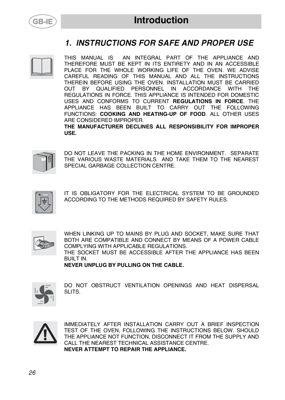 Smeg S20XMFR manual Introduction, Instructions for Safe and Proper USE 