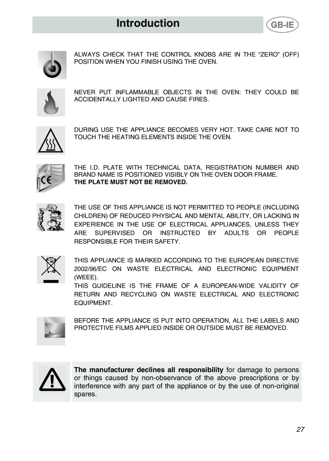 Smeg S20XMFR manual Plate Must not be Removed 