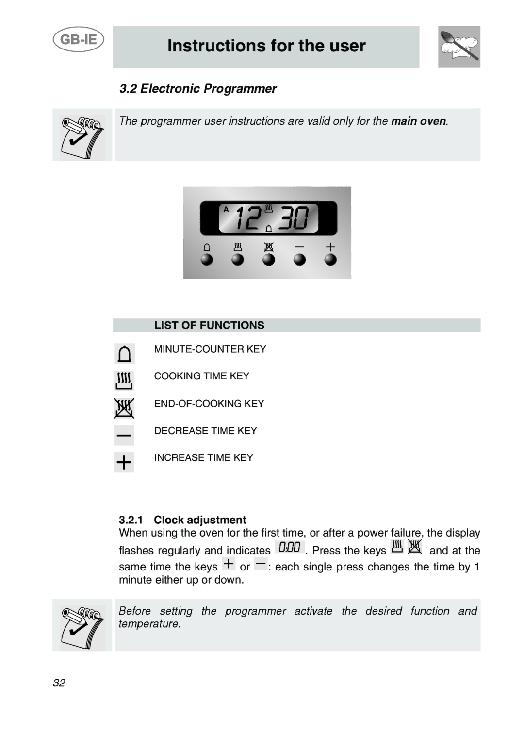 Smeg S20XMFR manual Electronic Programmer, List of Functions, Clock adjustment 