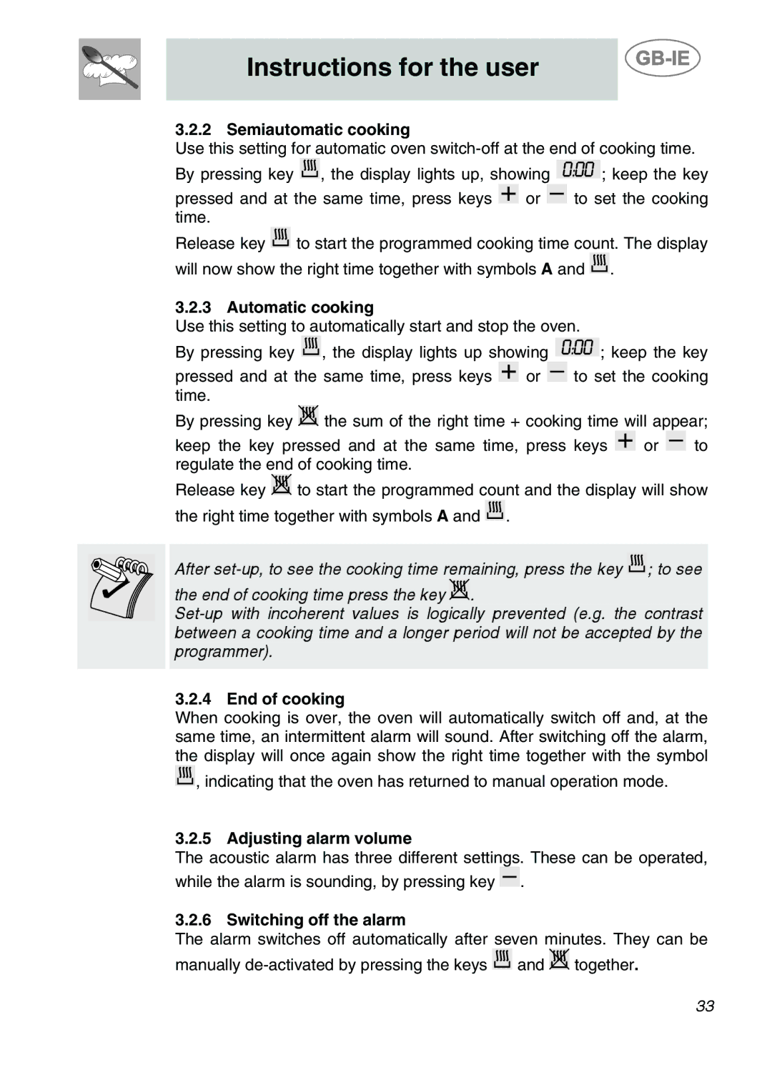 Smeg S20XMFR Semiautomatic cooking, Automatic cooking, End of cooking, Adjusting alarm volume, Switching off the alarm 