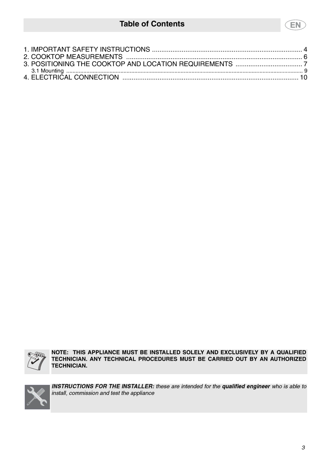 Smeg S2772TCU, S2773CXU important safety instructions Table of Contents 