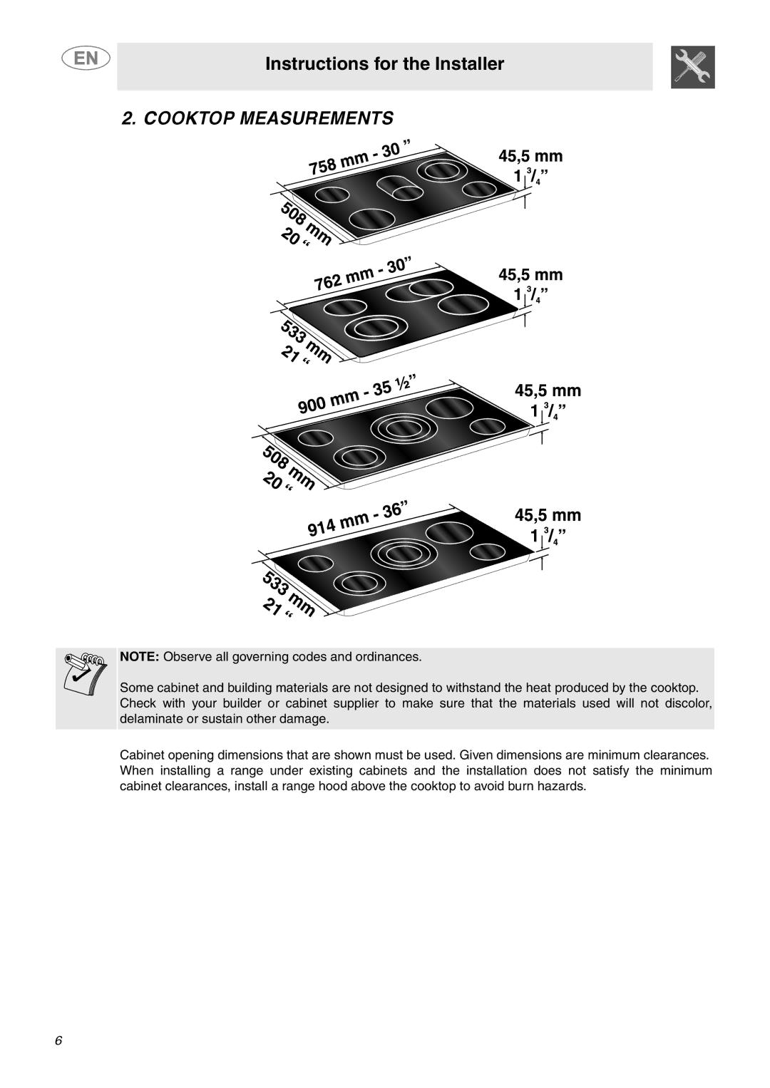 Smeg S2773CXU, S2772TCU important safety instructions Cooktop Measurements 