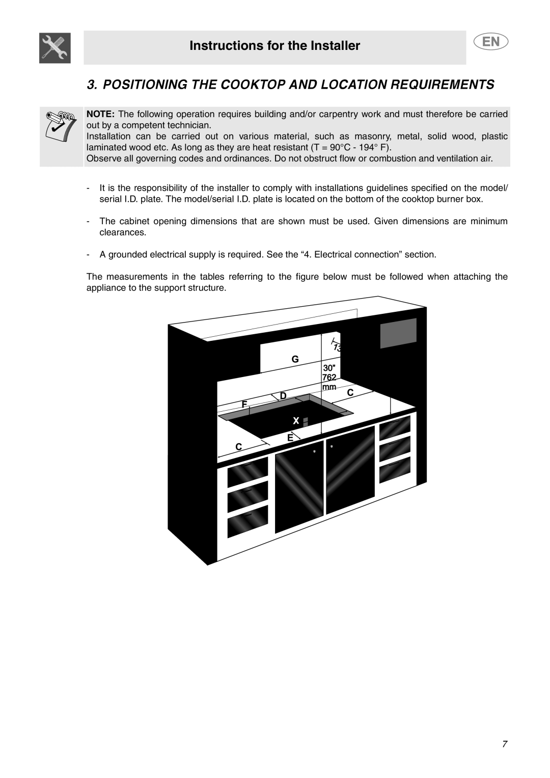 Smeg S2772TCU, S2773CXU important safety instructions Positioning the Cooktop and Location Requirements 