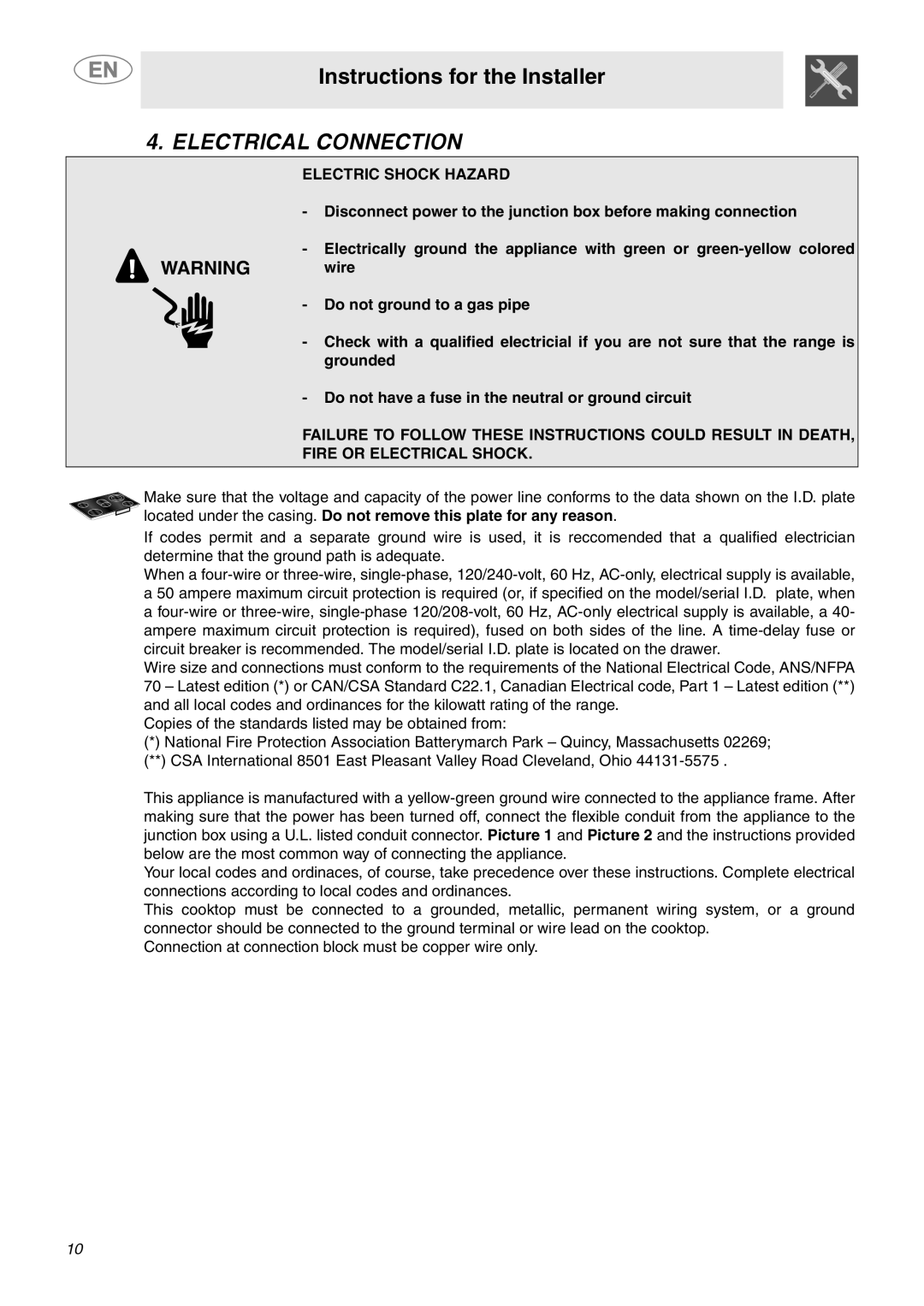 Smeg S2773CXU, S2772TCU important safety instructions Electrical Connection, Electric Shock Hazard 