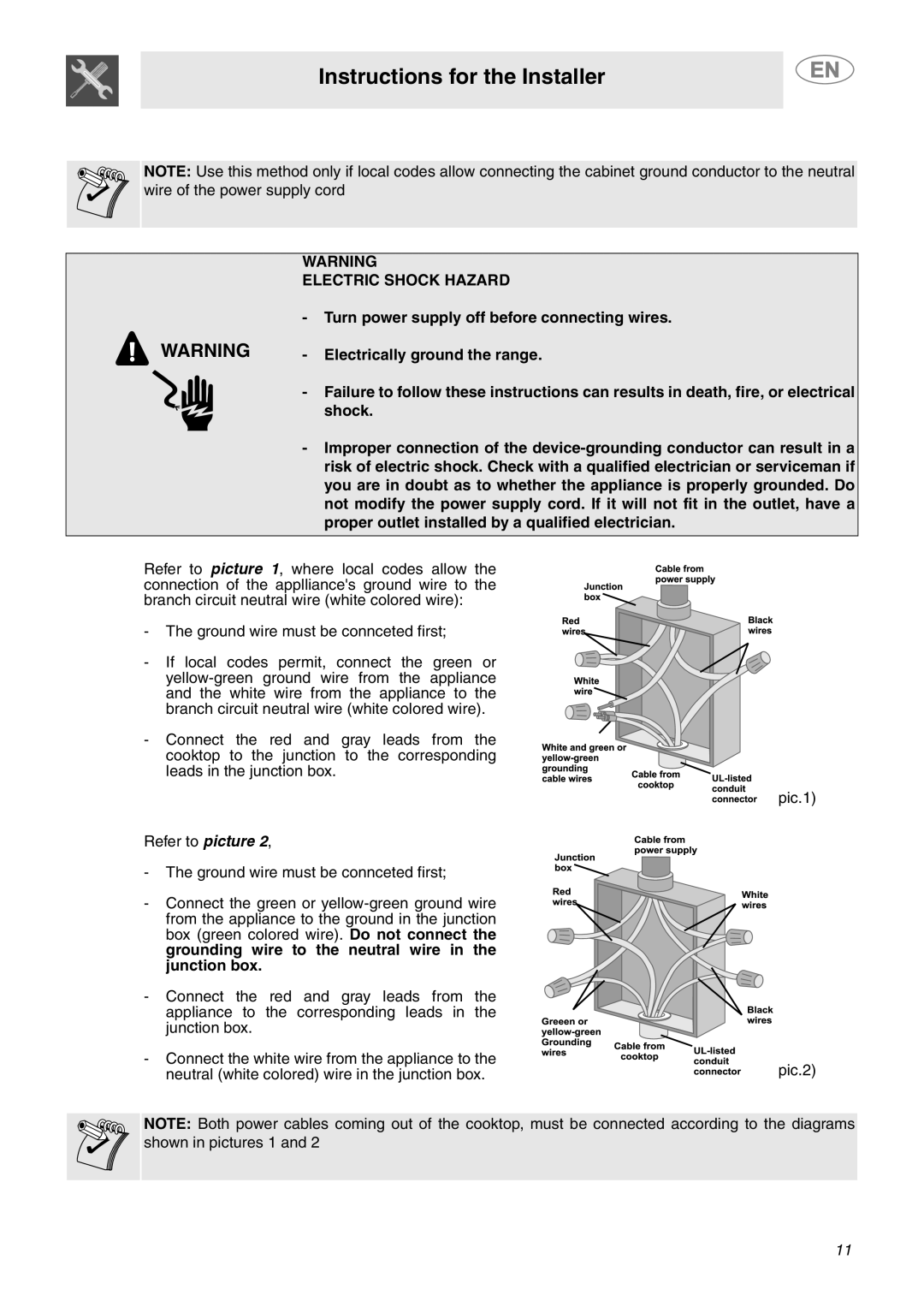 Smeg S2772TCU, S2773CXU important safety instructions Instructions for the Installer, Electric Shock Hazard 