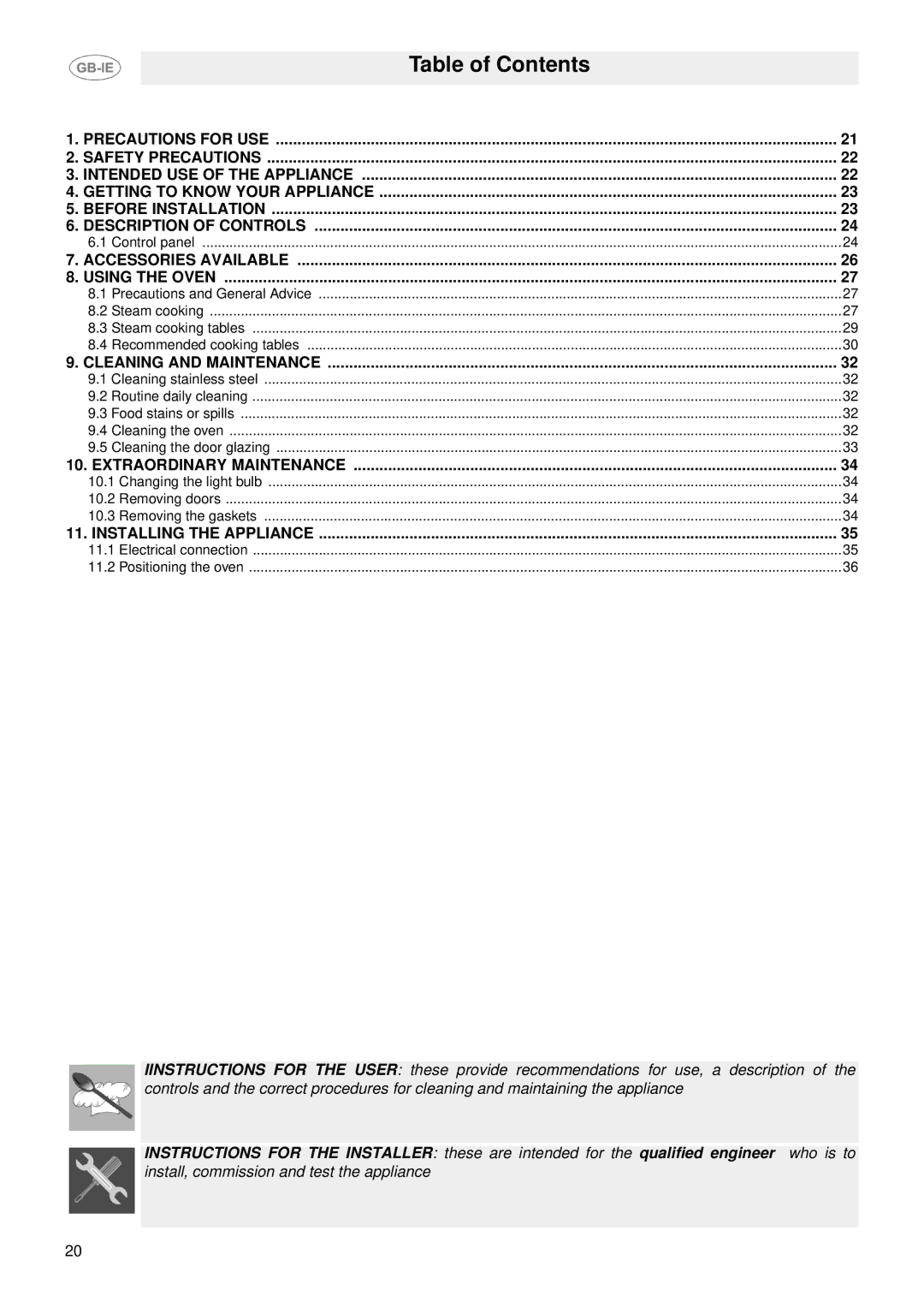 Smeg S302X manual Table of Contents 