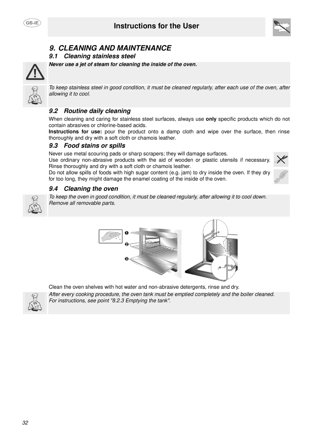 Smeg S302X manual Cleaning and Maintenance, Cleaning stainless steel, Routine daily cleaning, Food stains or spills 