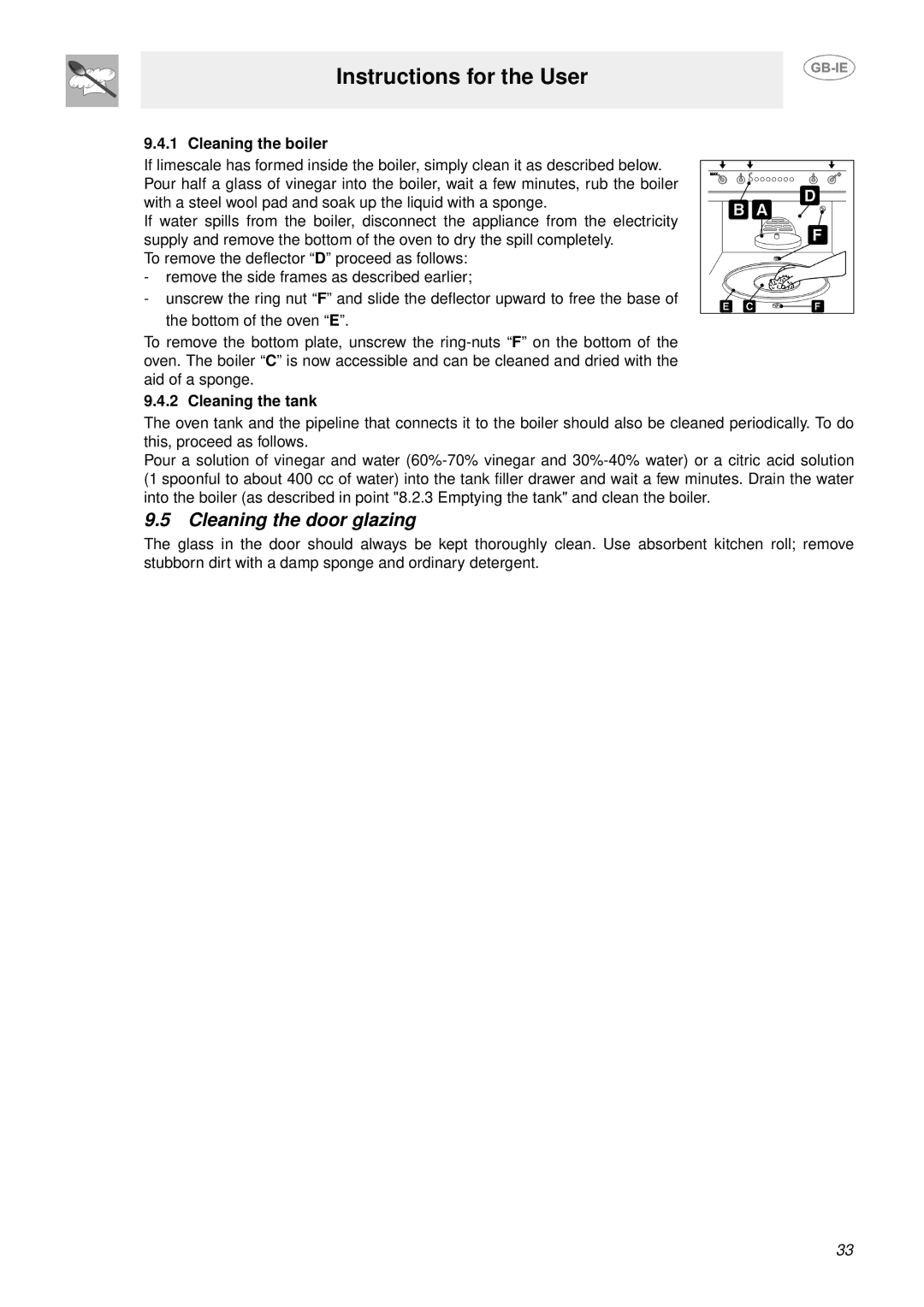 Smeg S302X manual Cleaning the door glazing, Cleaning the boiler, Cleaning the tank 