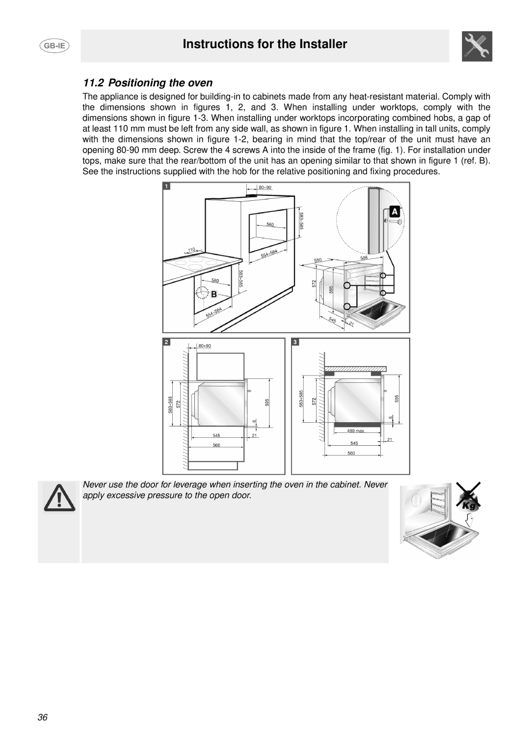 Smeg S302X manual Positioning the oven 