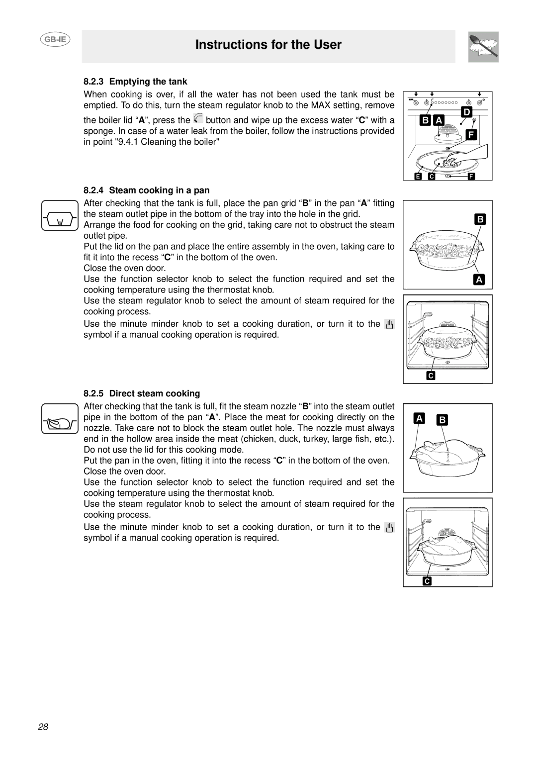 Smeg S302X manual Emptying the tank, Steam cooking in a pan, Direct steam cooking 