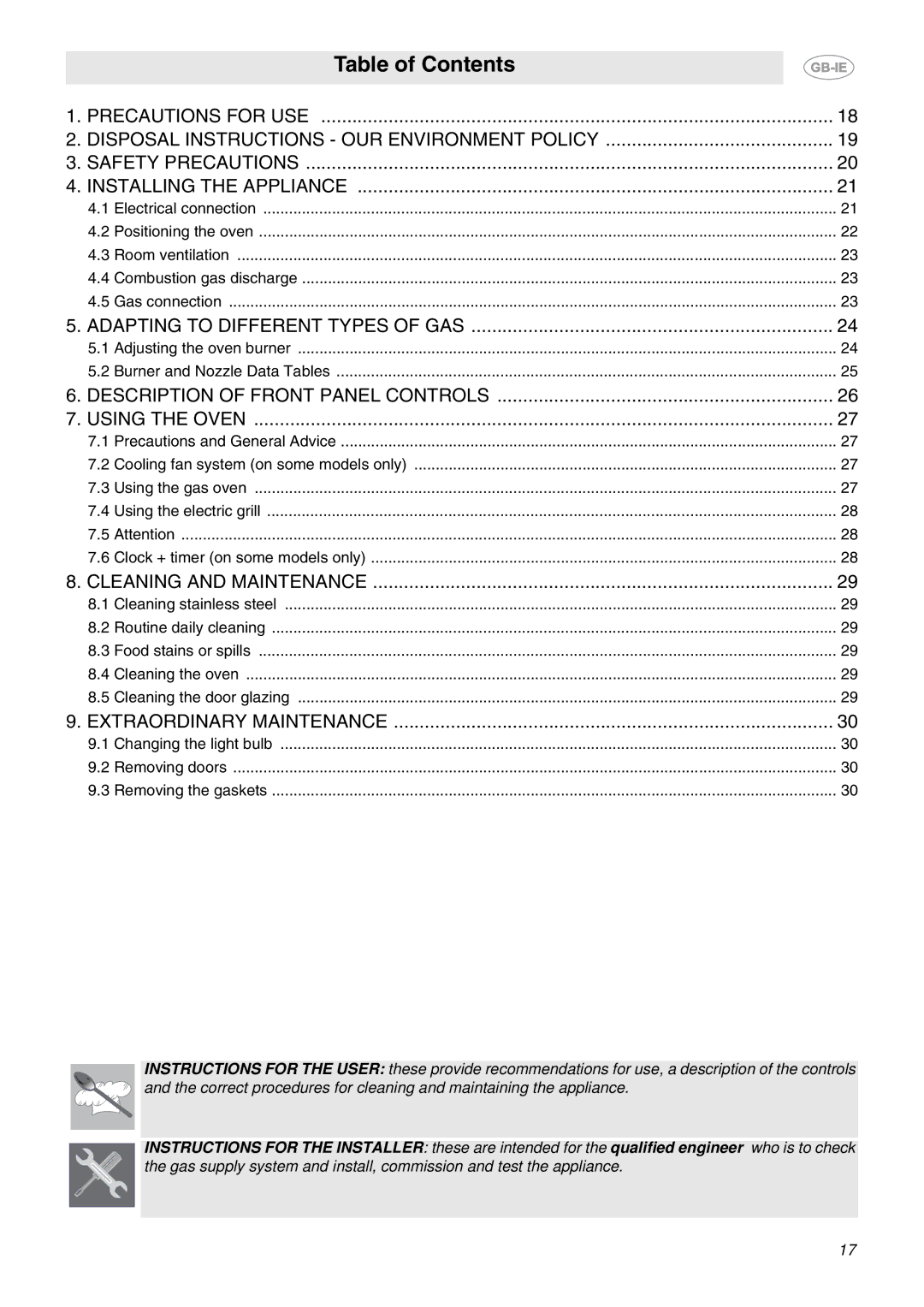 Smeg S340G manual Table of Contents 