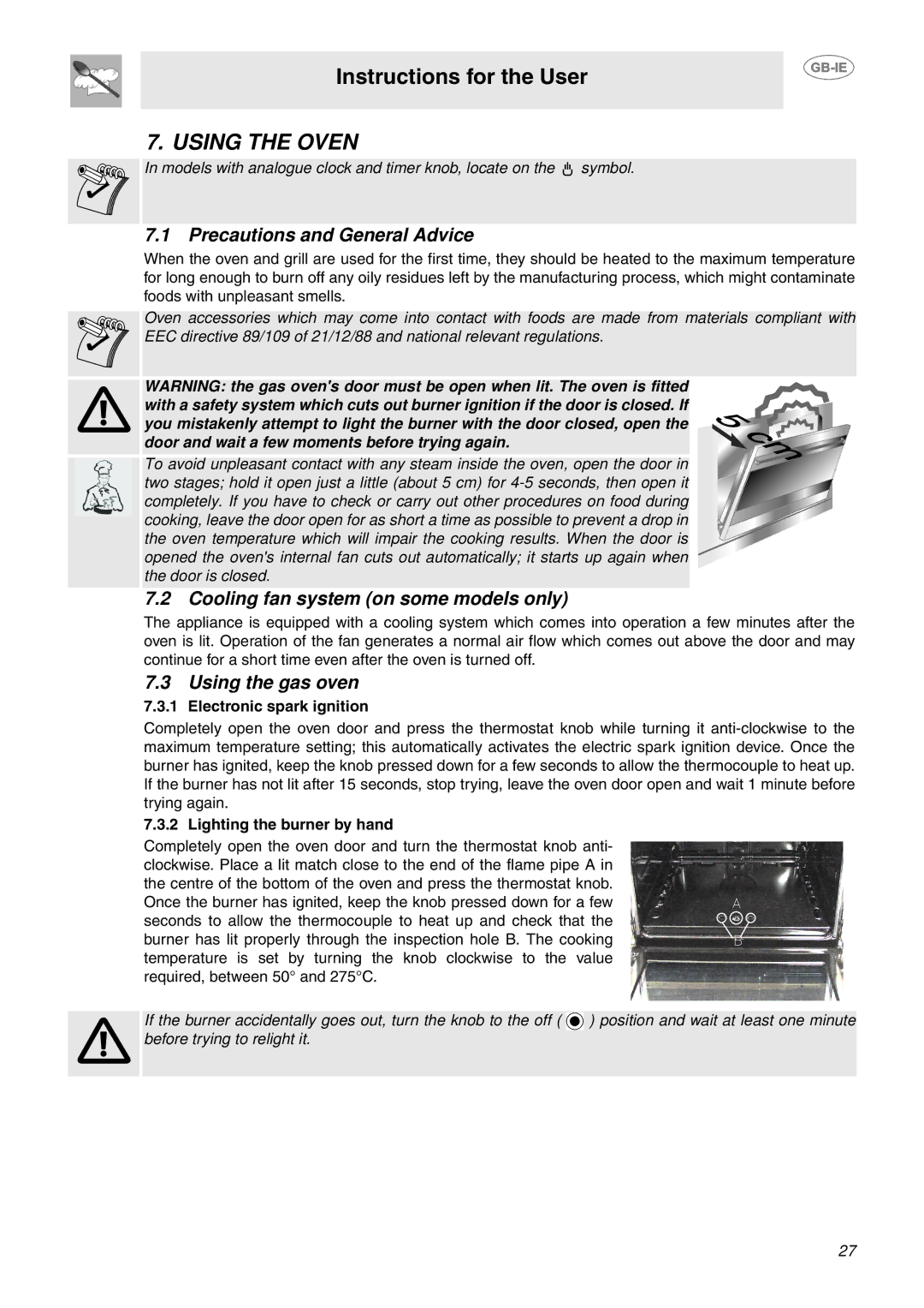 Smeg S340G Using the Oven, Precautions and General Advice, Cooling fan system on some models only, Using the gas oven 