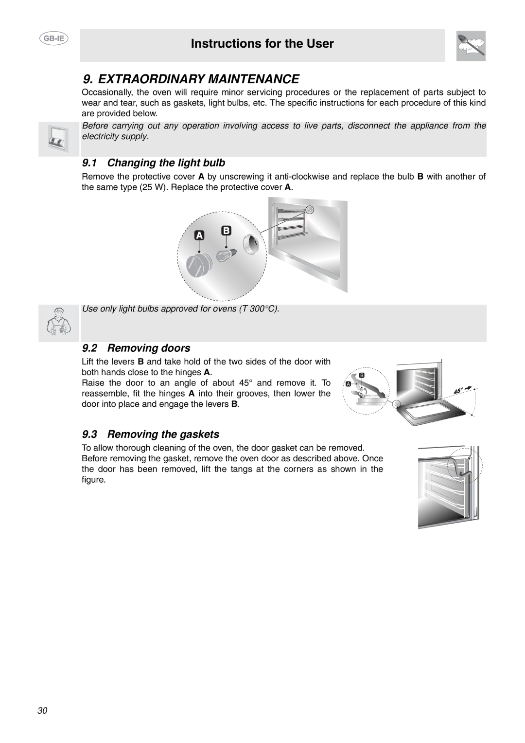 Smeg S340G manual Extraordinary Maintenance, Changing the light bulb, Removing doors, Removing the gaskets 