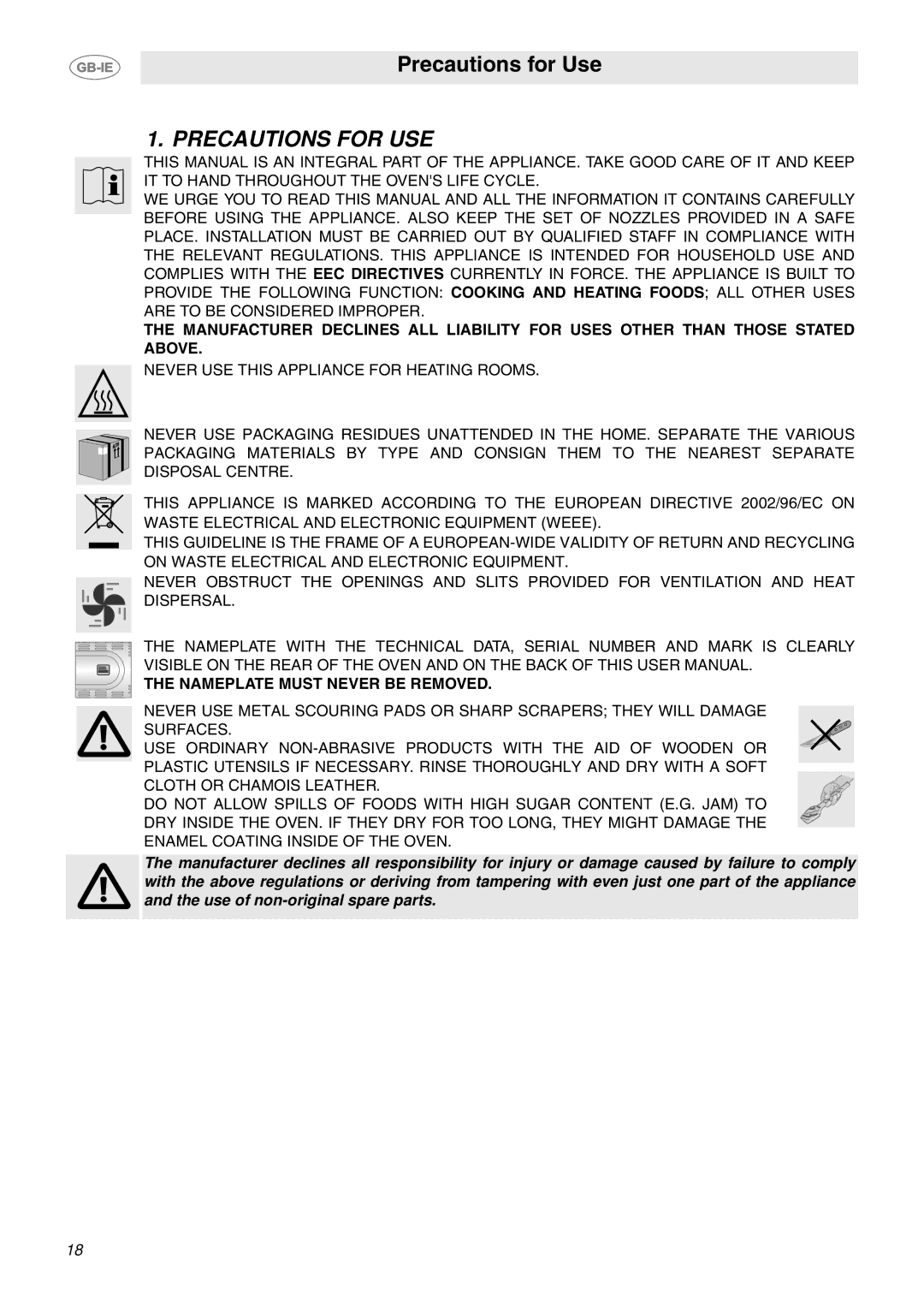 Smeg S340G manual Precautions for USE, Nameplate Must Never be Removed 