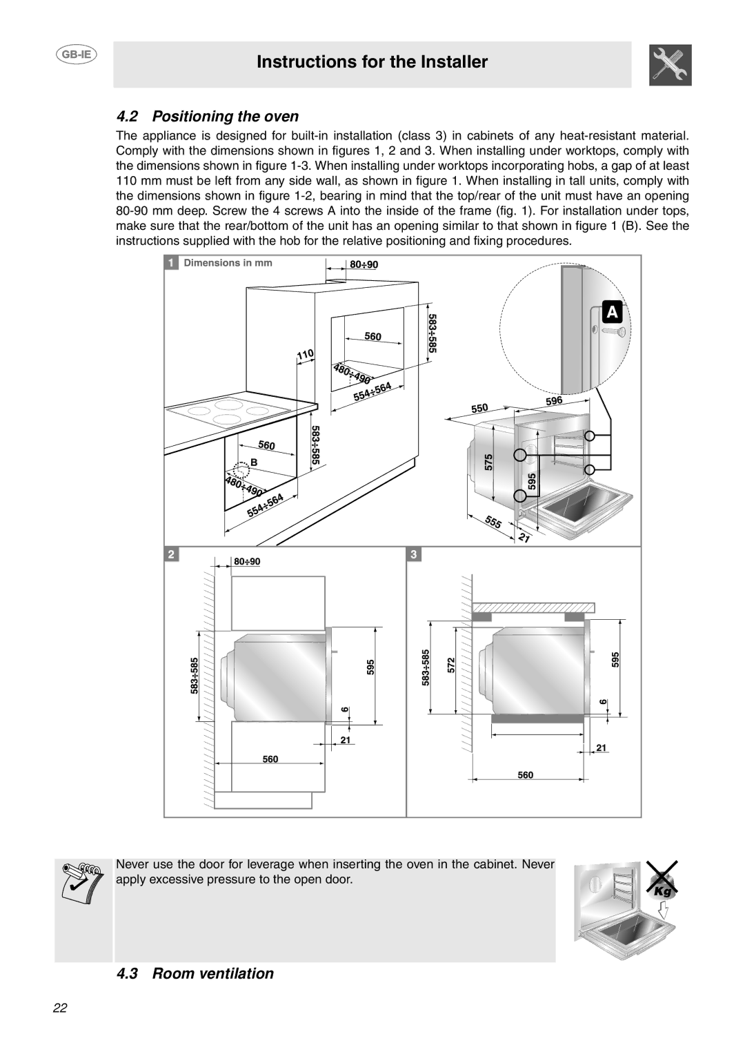 Smeg S340G manual Positioning the oven, Room ventilation 