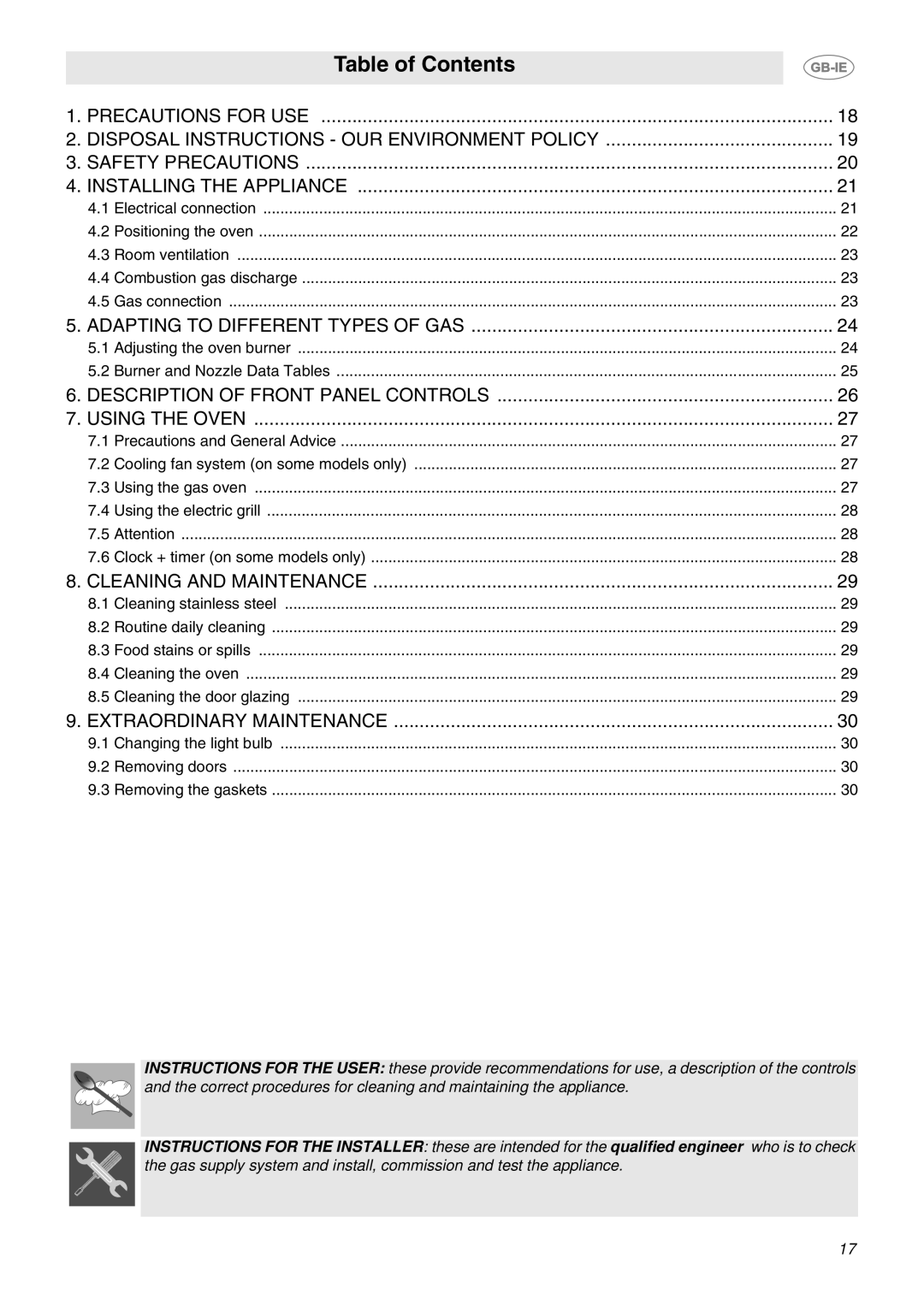 Smeg S340G manual Table of Contents, Precautions For Use, Disposal Instructions - Our Environment Policy, Using The Oven 