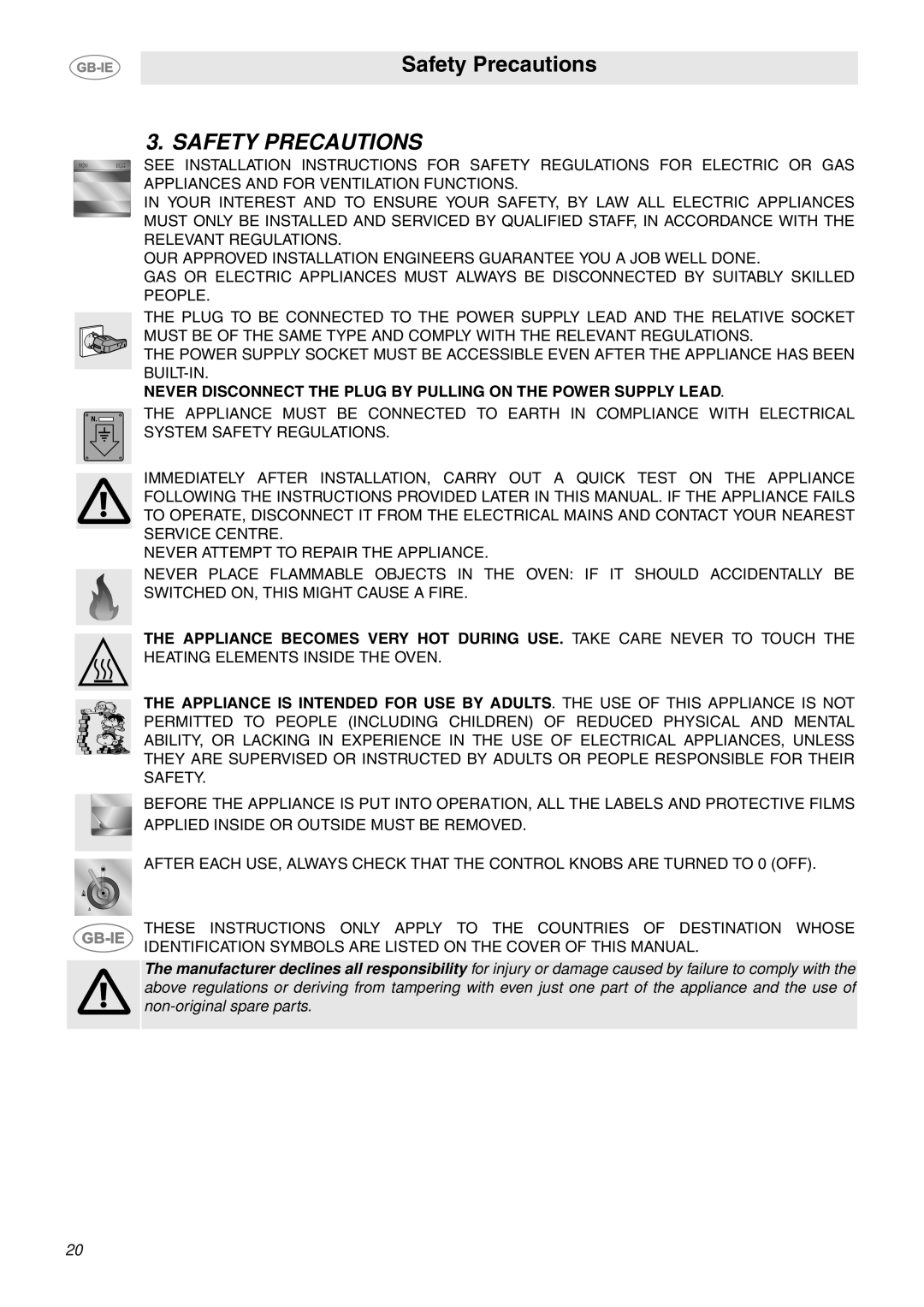 Smeg S340G manual Safety Precautions 