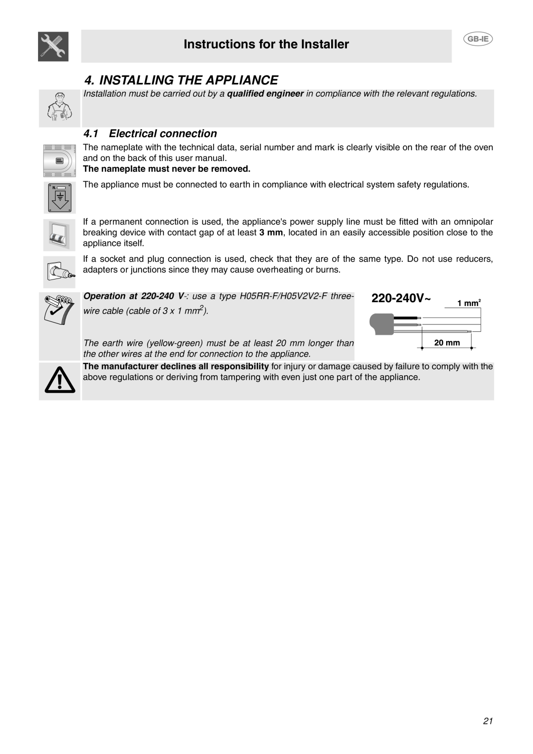 Smeg S340G manual Instructions for the Installer, Installing The Appliance, Electrical connection 