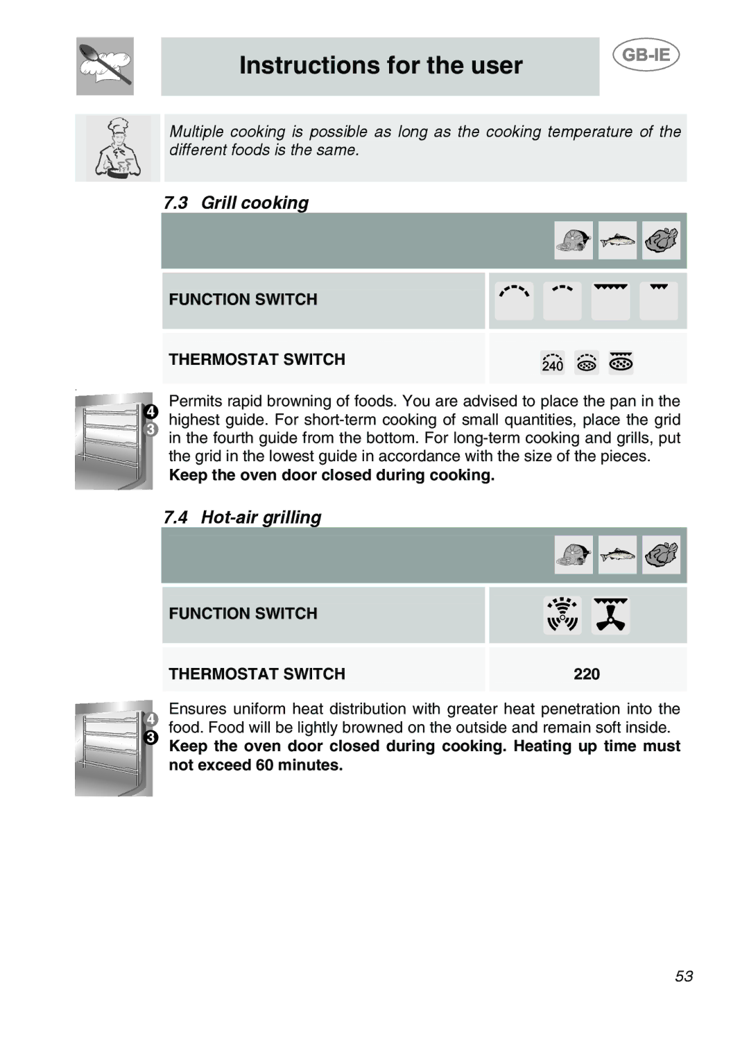 Smeg S399XPZ6 manual Grill cooking, Hot-air grilling, Keep the oven door closed during cooking, 220 