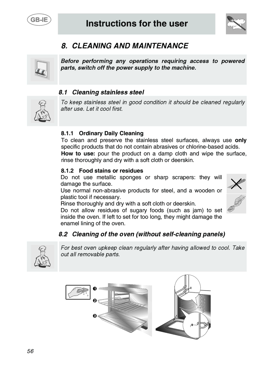 Smeg S399XPZ6 manual Cleaning and Maintenance, Cleaning stainless steel, Cleaning of the oven without self-cleaning panels 