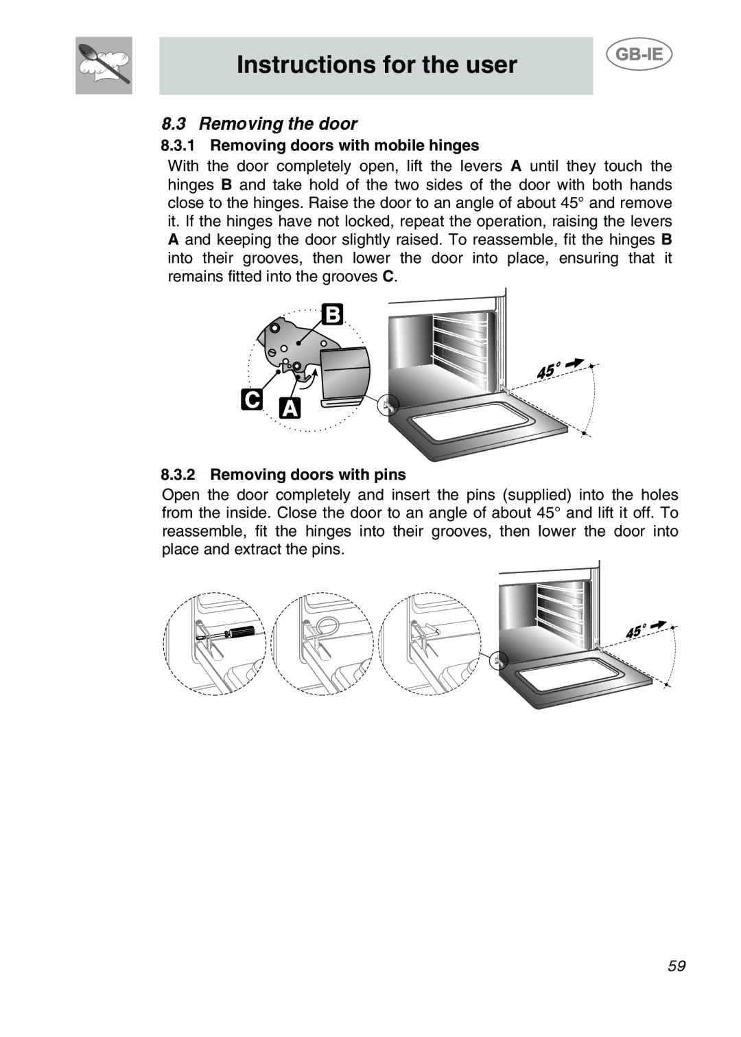 Smeg S399XPZ6 manual Removing the door, Removing doors with mobile hinges, Removing doors with pins 