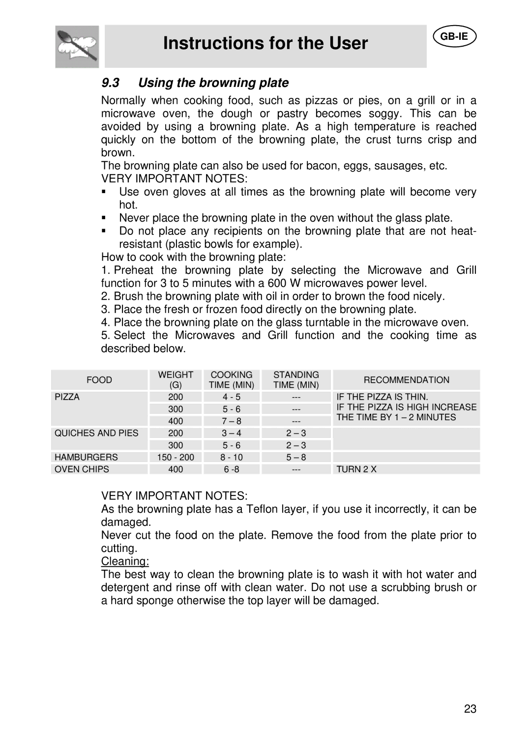 Smeg S45MCX manual Using the browning plate, Very Important Notes 