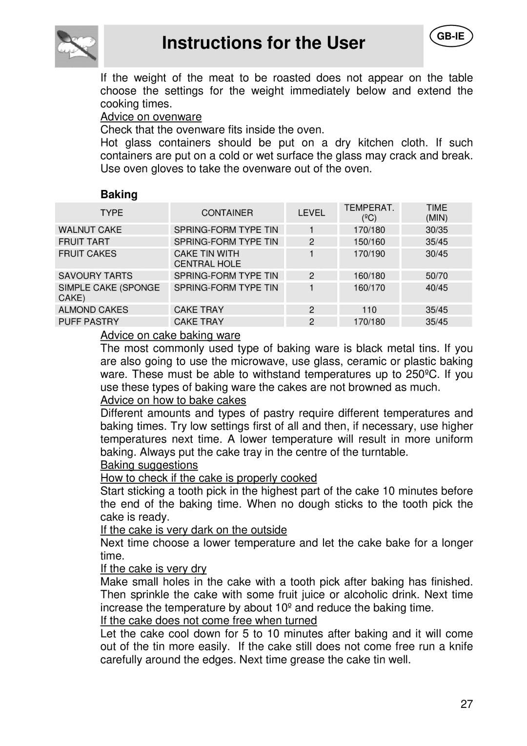 Smeg S45MCX manual Baking 