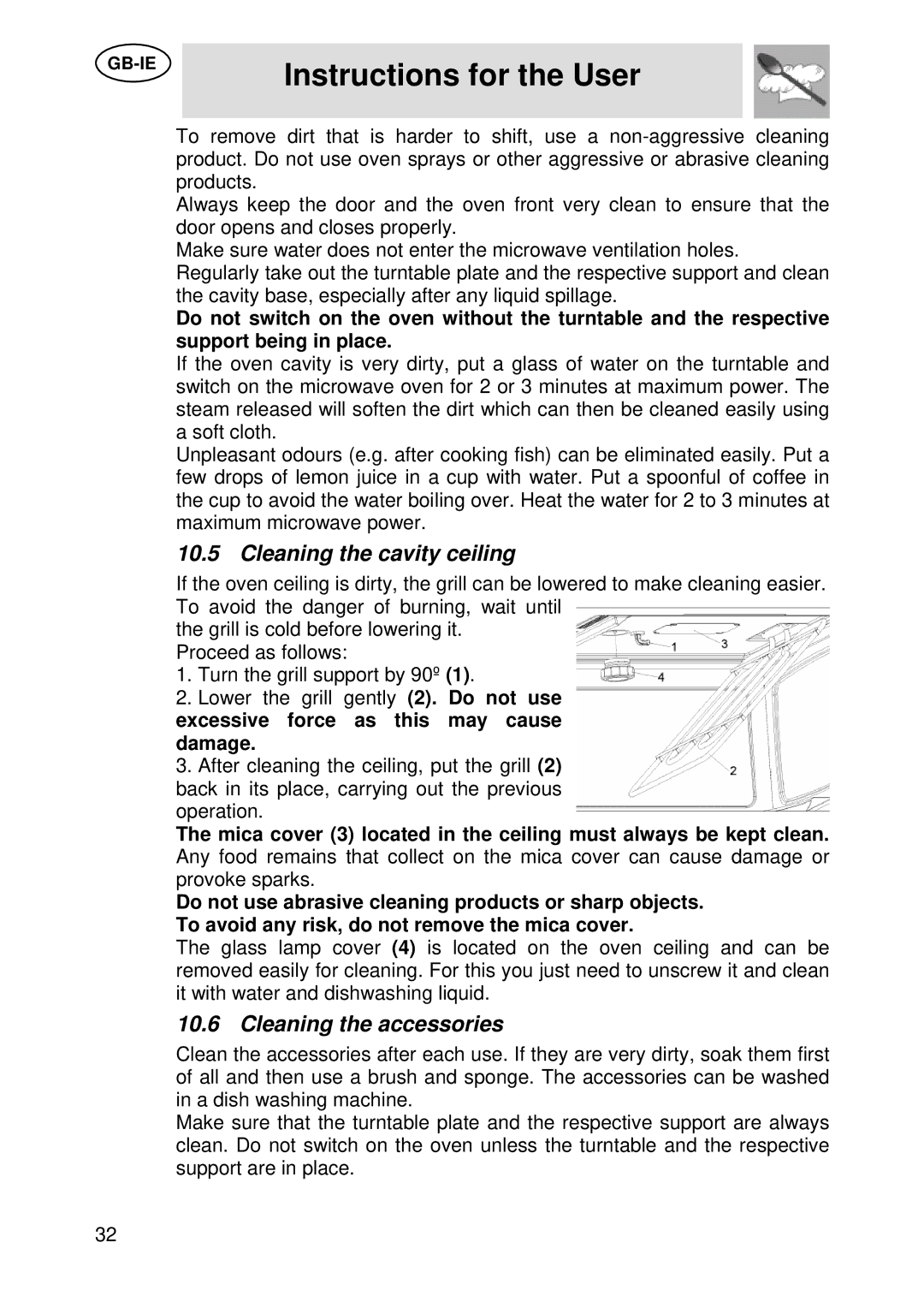 Smeg S45MCX manual Cleaning the cavity ceiling, Cleaning the accessories 