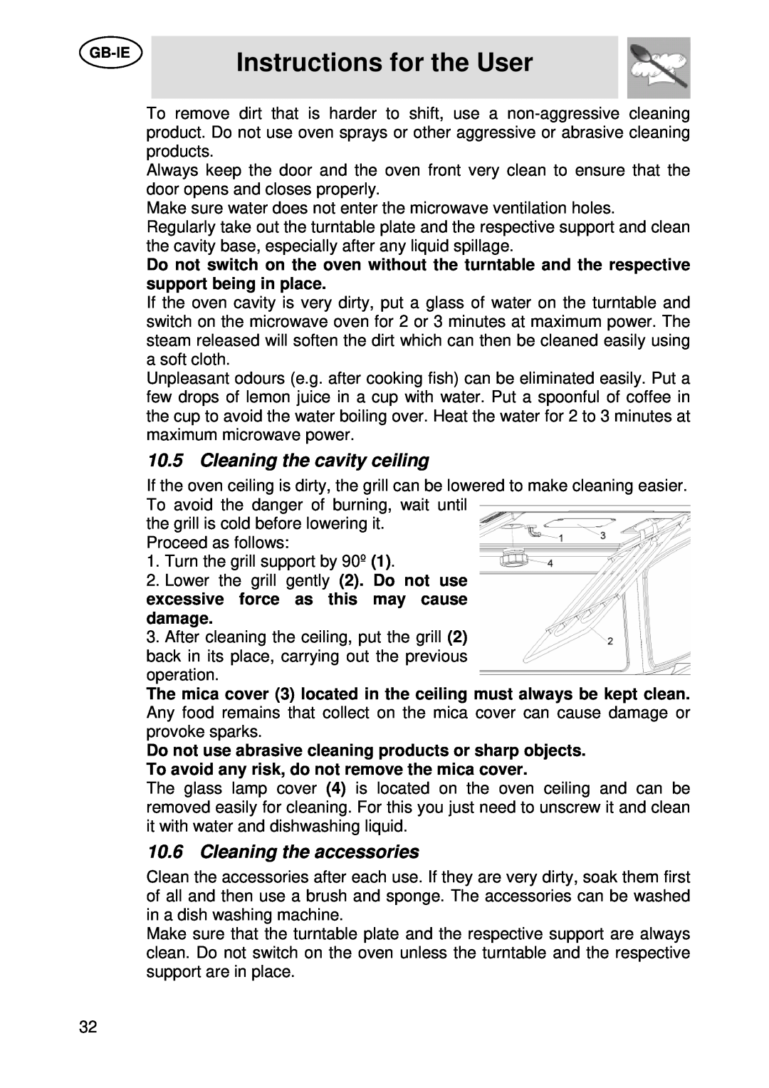 Smeg S45MCX manual Cleaning the cavity ceiling, Cleaning the accessories, Instructions for the User 