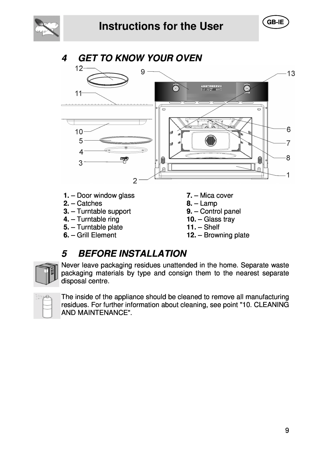 Smeg S45MCX Instructions for the User, Get To Know Your Oven, Before Installation, Door window glass, Mica cover, Catches 