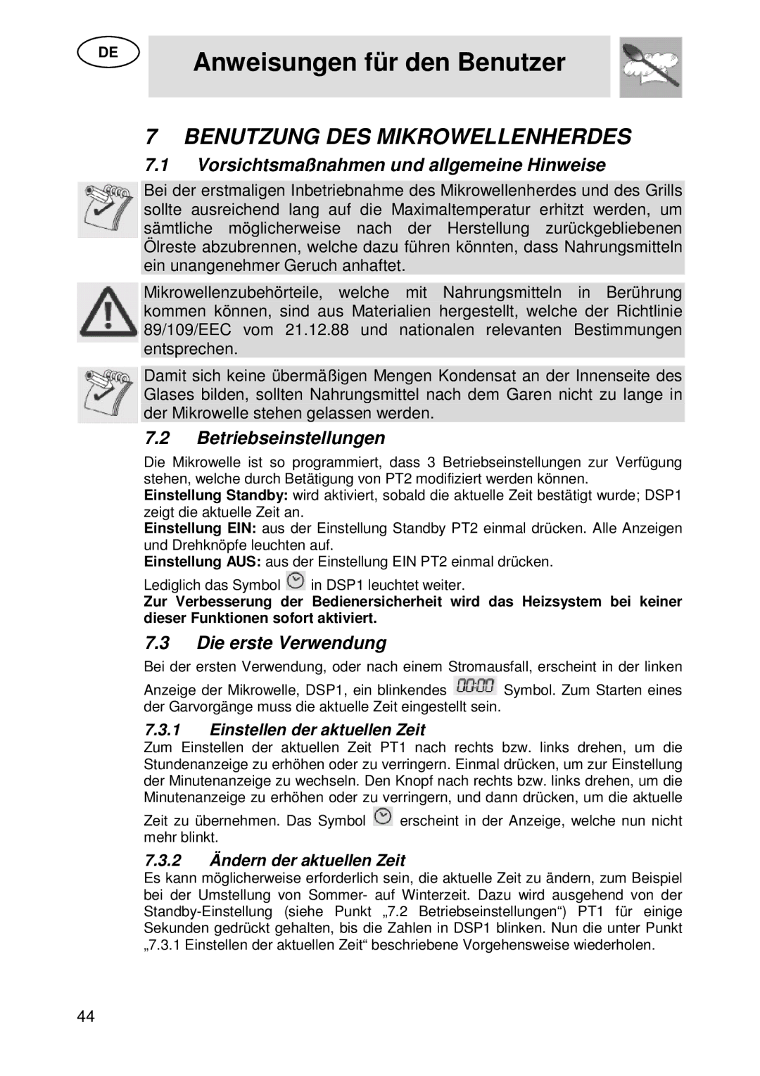 Smeg S45MCX1 manual Benutzung DES Mikrowellenherdes, Vorsichtsmaßnahmen und allgemeine Hinweise, Betriebseinstellungen 