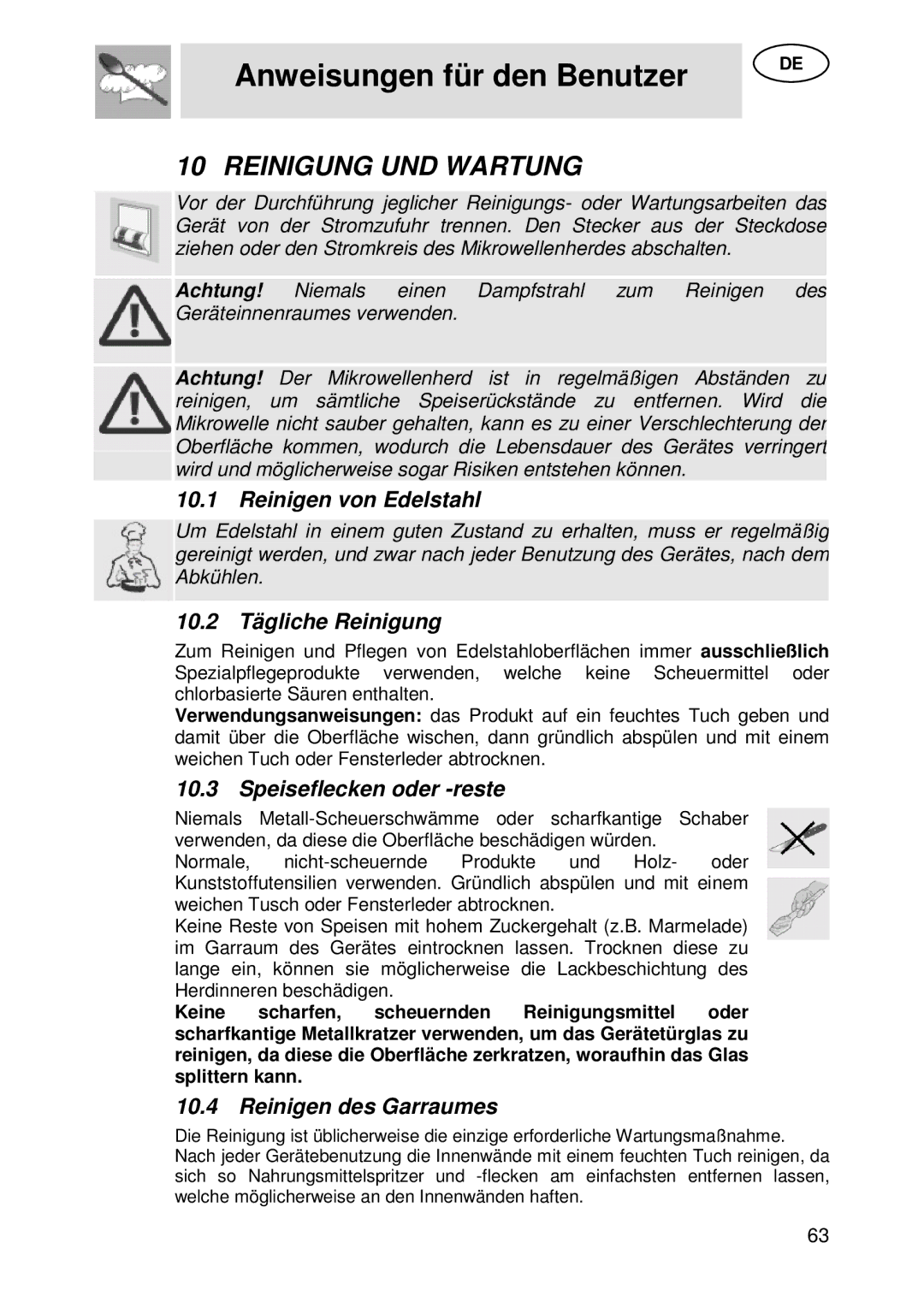 Smeg S45MCX1 manual Reinigung UND Wartung, Reinigen von Edelstahl, 10.2 Tägliche Reinigung, Speiseflecken oder -reste 